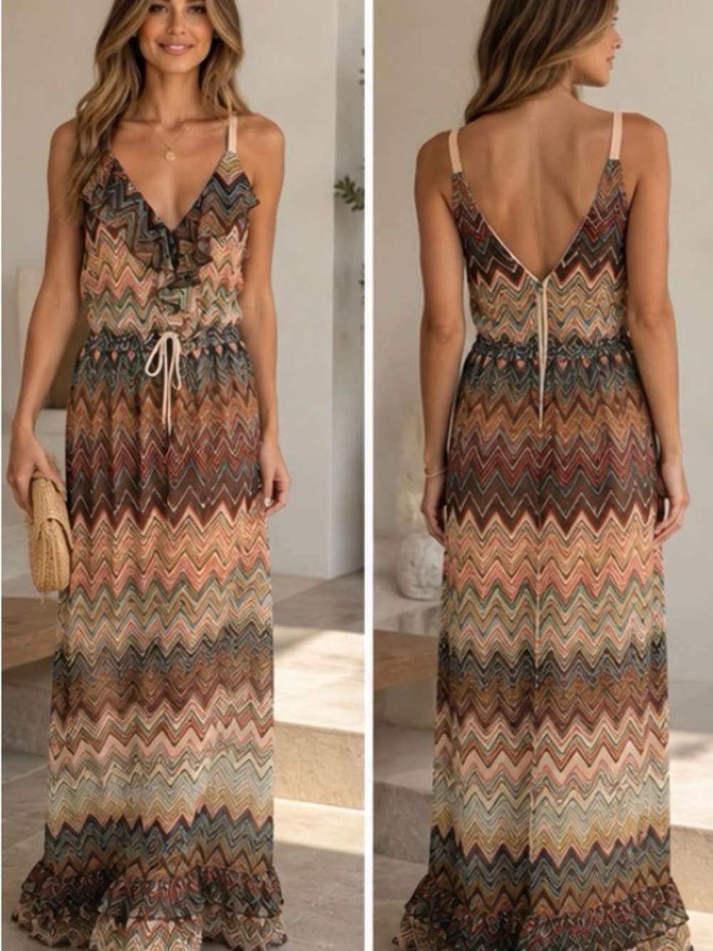 Multi-Color Chevron Ruffle Maxi Dress with Drawstring Waist - Picture 2 of 8